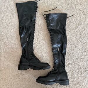 PrettyLittleThing Black Over-the-Knee Lace-Up Boots